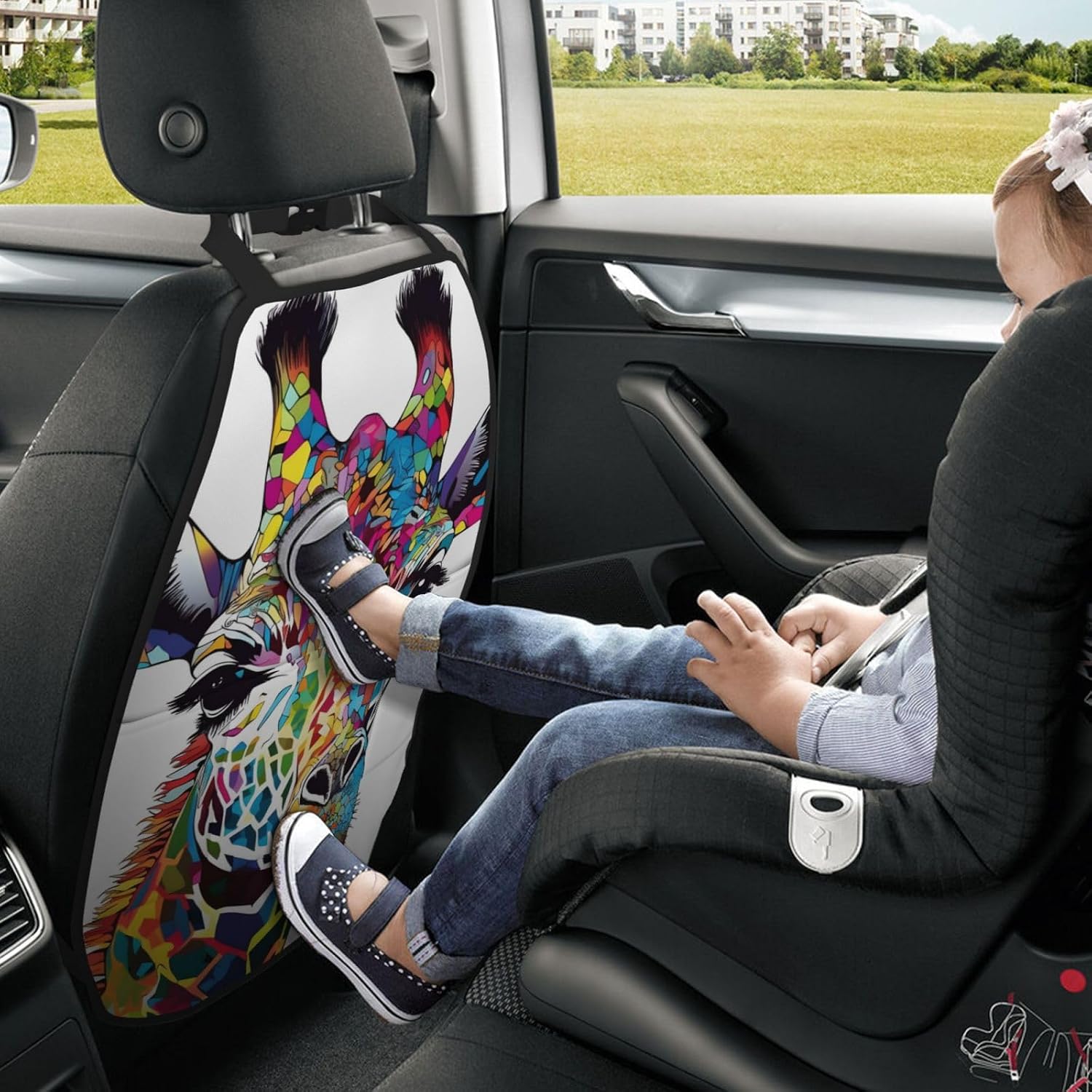 Car Seat Back Kick Protector 2 Pack 18.5x26.4 Inch, Cartoon Giraffe Anti-Kick Pad, Waterproof Oxford Fabric Large Rear Seat Cover for Kids Pets Fits SUV Jeep Truck Sedan