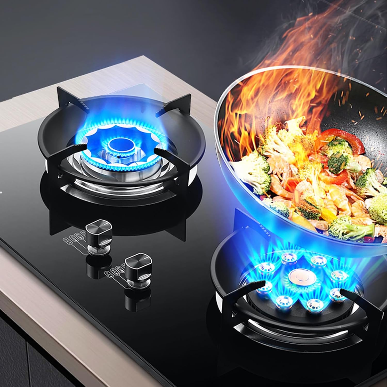 Double Burner Gas Stove,7.2KW 9-cavity High-Power Cooker,Tempered Glass Auto-Ignition,with Flame Failure Protection,for Indoor Outdoor Use(LPG)