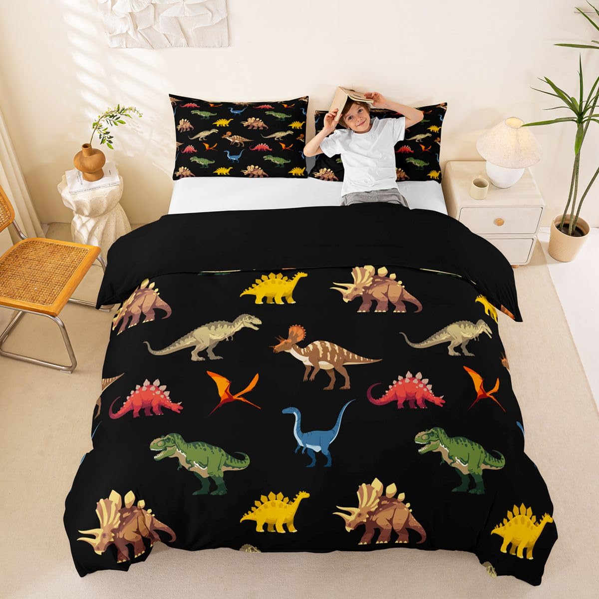 Homewish Czarny dinozaur poszewka na kołdrę super king kolorowy dinozaur zestaw pościeli śliczne śmieszne zwierzęta kreskówka poszewka na kołdrę safari dzika przyroda zestawy łóżek