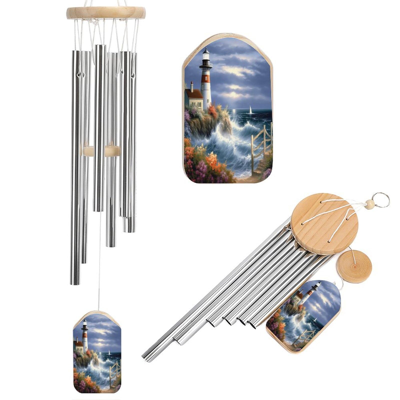 Lighthouse Diamond Painting Memorial Wind Chimes for Loss of Loved One - Wooden Sympathy Windchimes for Outside - Small Bamboo Windchimes Outdoors - Condolence Remembrance Gift (50CM)