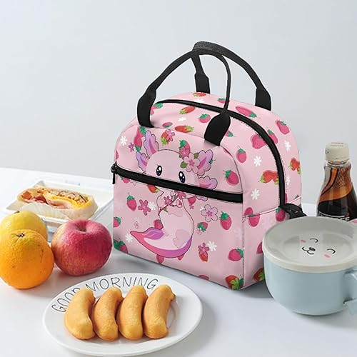 Miniatura 4 de Drydeepin Axolotl - Lonchera con bonito estampado de fresas para mujer, bolsas enfriadoras aisladas, a prueba de fugas, bolsas de almuerzo de gran