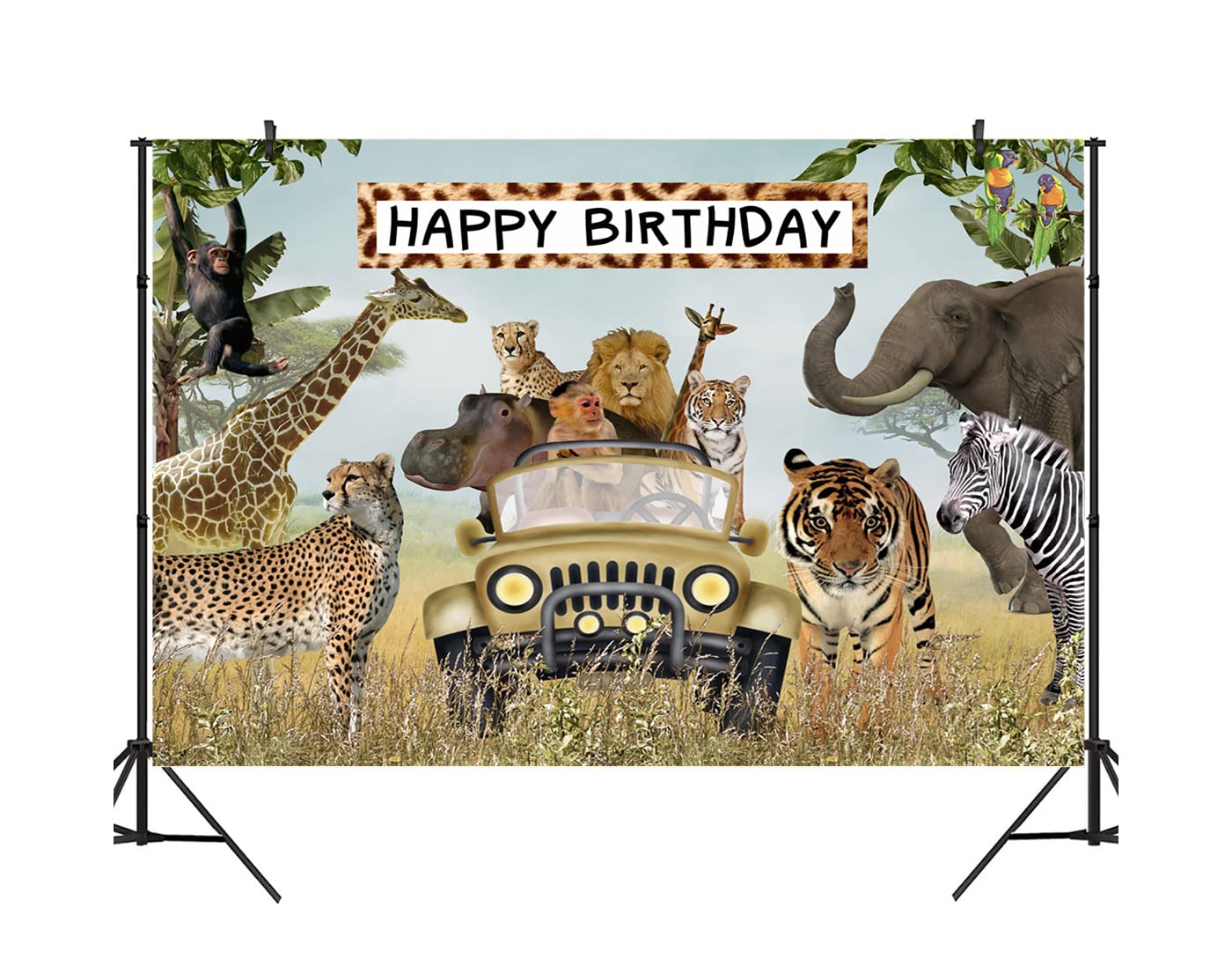 Ticuenicoa 9×6ft Jungle Animals Happy Birthday Backdrop Africa Animals Safari Animals Zoo Wildlife Photography Background Tropical Forest Desert Children Boys Birthday Party Banner Decor
