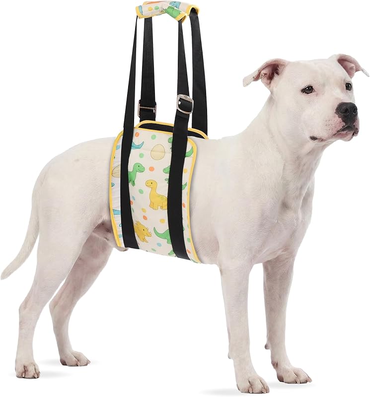 Cinto de Segurança para Cães com Alça de Suporte Traseiro LovinPet Estampa Dinossauro Amarela