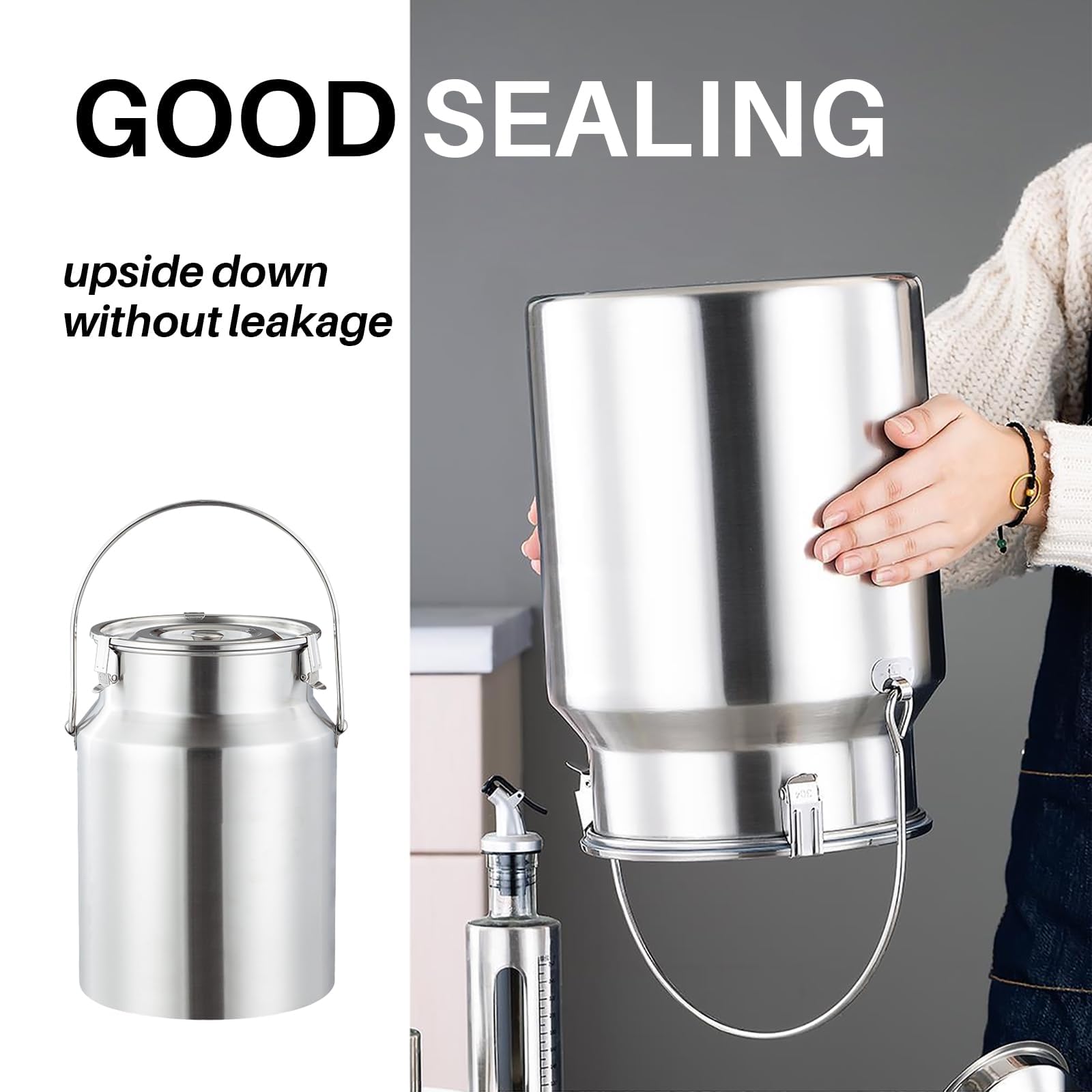 Cubo para Leche, Jarra de Acero Inoxidable 304 con asa Transporte, contenedor Transporte Resistente, Vino, 3 l