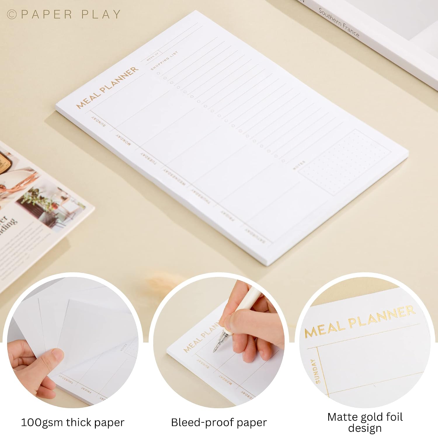 Matte Gold Foil Magnetic Meal Planning Pad for Fridge 52 Undated Tear-off Sheets, 6x9 Inch Meal Planner & Grocery List with Magnet, Weekly Meal Planner with Tear Off Shopping List image 2