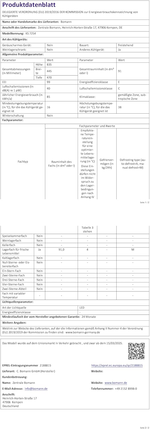 Product Data Sheet for Bomann KS 7254