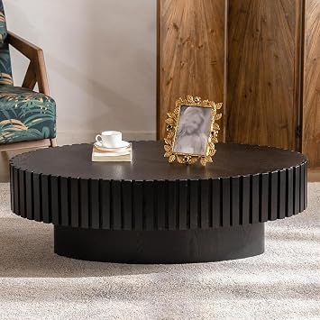 JHKZUDG Oval Drum Coffee Table Stripe Fluted Coffee Table,Oval Black | Round Mid Century Modern Coffees Table Pedestal Coffees Tables for Living Room Farmhouse