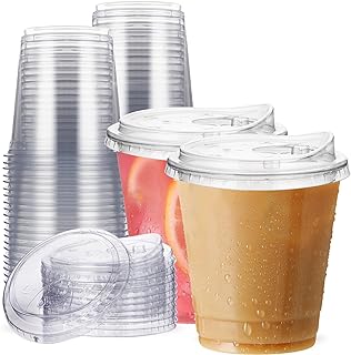 12 oz Clear Plastic Cups with Strawless-Sip-Lids, 25 Sets Disposable Cups Plastic Iced Coffee Cups, To Go Cups with Sip Through Lids for Smoothie, Milkshake, Cold Drinks for Party, Wedding, Event