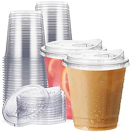 12 oz Clear Plastic Cups with Strawless-Sip-Lids, 25 Sets Disposable Cups Plastic Iced Coffee Cups, To Go Cups with Sip Through Lids for Smoothie, Milkshake, Cold Drinks for Party, Wedding, Event