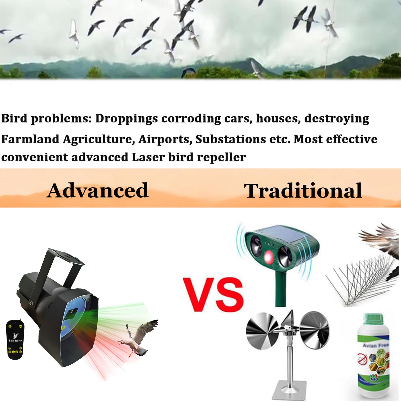 Ahuyentador De Pájaros Láser para Exteriores con Temporizador Y Control Remoto, Repelente Automático De Aves, Dispositivo Impermeable para Ahuyentar Palomas, Estorninos