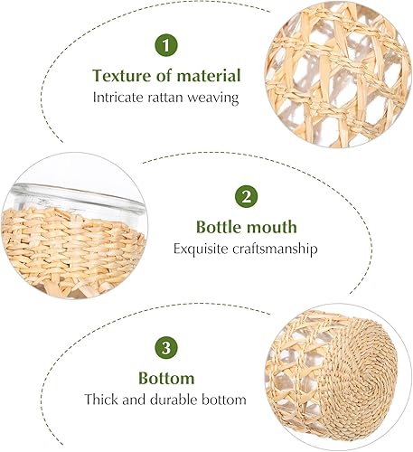 Miniatura 7 de Cabilock Jarrón de ratán tejido para flores, contenedor decorativo para arreglos florales, jarrón floral de vidrio de caña de estilo bohemio,