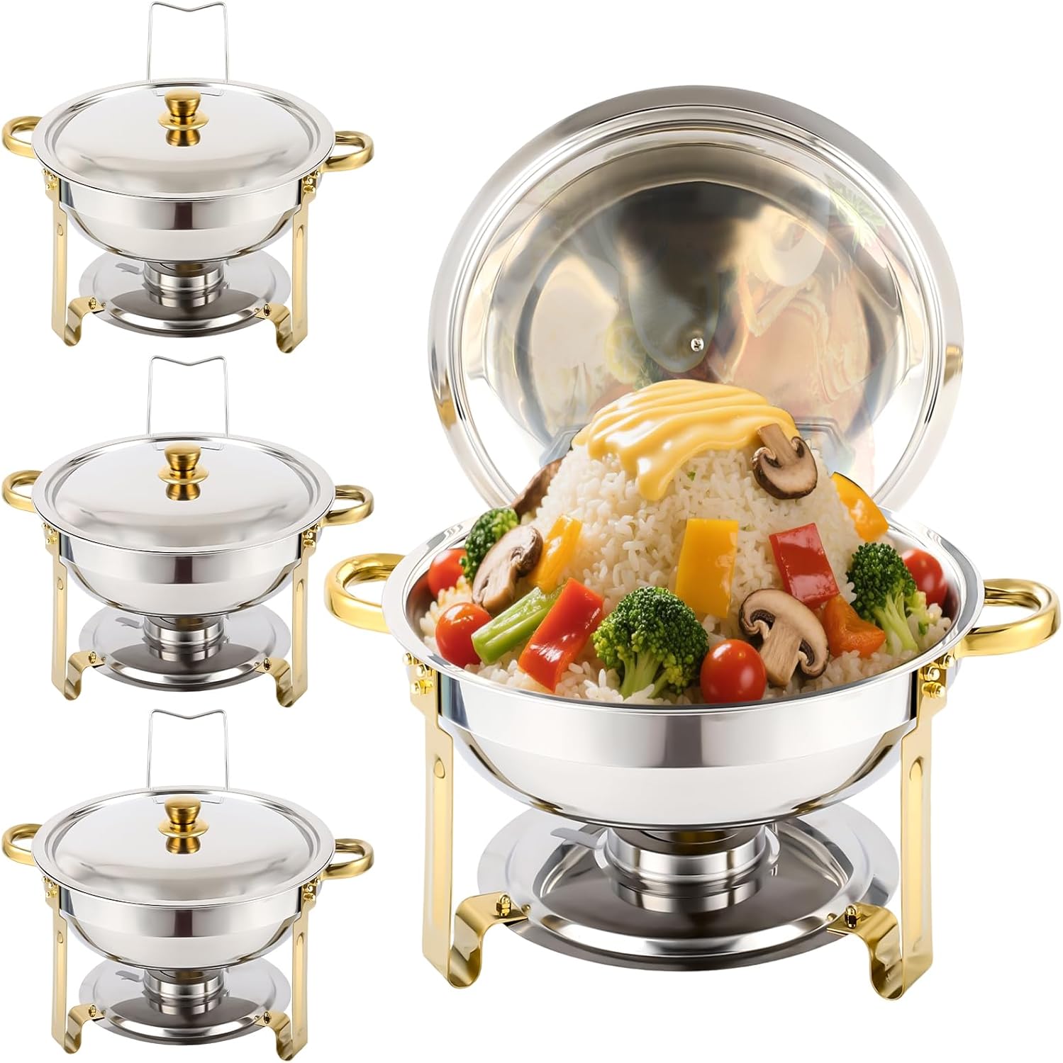 4-Pack Round Chafing Dishes for Buffet, 5QT Stainless Steel Food Warmers, Easy to Clean & Assemble for Parties, Gatherings, Weddings (Gold)