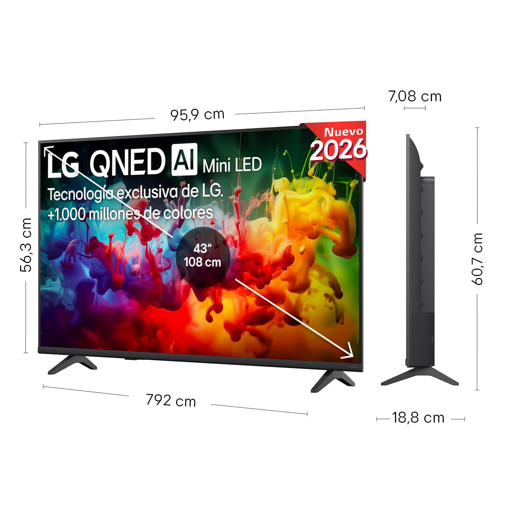 LG 43QNED70B6C - TV 43", QNED MiniLED, 4K AI, Smart TV, WebOS 25, Sin Reflejos al 94%, Procesador Alpha 5 Gen7 AI, 120Hz, Super Upscaling, HDR10 y Dolby Digital Plus, Alexa/Google Assistant, Negro