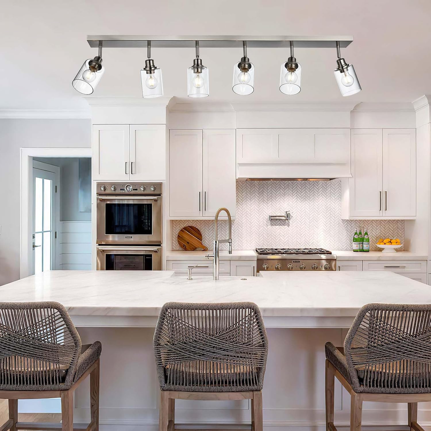 6-Light Adjustable Track Lighting Brushed Nickel Long Finish Tracking Light Complete Kit Industrial Ceiling Light Fixture for Kitchen Island Dining Room