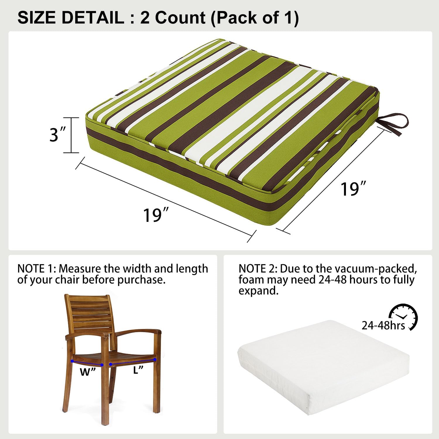 19x19x3 Inch Outdoor Square Corner Chair Cushions with Ties Set of 2, Water&Fade Resistant Thick Seat Cushion Pads for Garden Patio Dining Porch Furniture - Green Striped