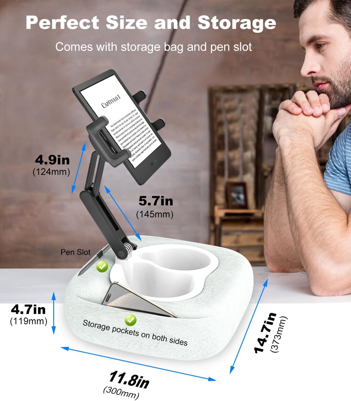 Tablet Pillow Stand [Organic Cotton & Food Grade Tray] Adjustable Kindle Pillow Stand Holder for Lap/Bed/Couch/Desk, Fits 4.7-15.6" iPad, Kindle, Galaxy Tab, Phone, Detachable Bowl