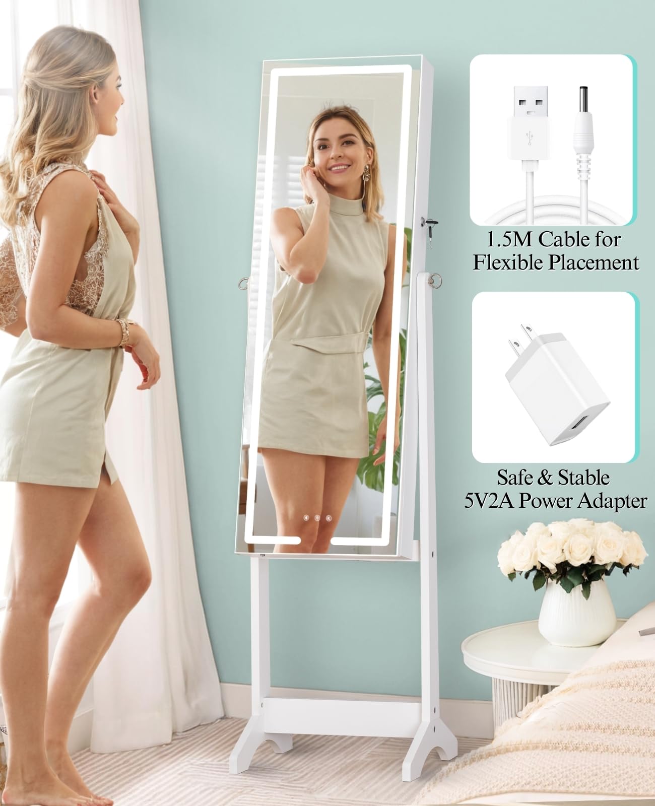 LUXFURNI Miroir LED sur pied, armoire à bijoux, miroir pleine longueur avec rangement de bijoux, 3 modes de couleur, 3 angles réglables, miroir de rangement verrouillable, blanc