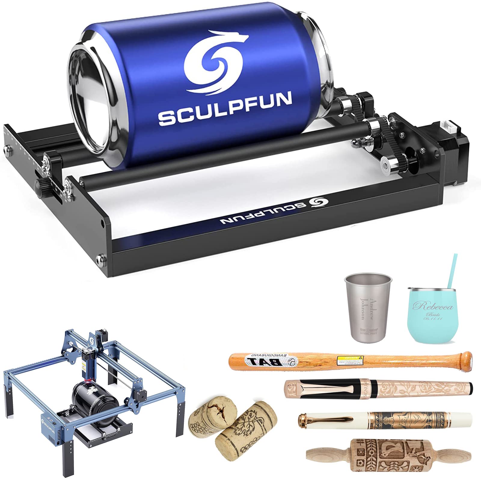 Sculpfun Black Rotary Roller For S10 S9 S6 Pro Laser Engraver Engraving Machine, 6-150Mm Diameter Engraving Area, 4 Height Booster, Prevents Slipping, Pot Cylinder