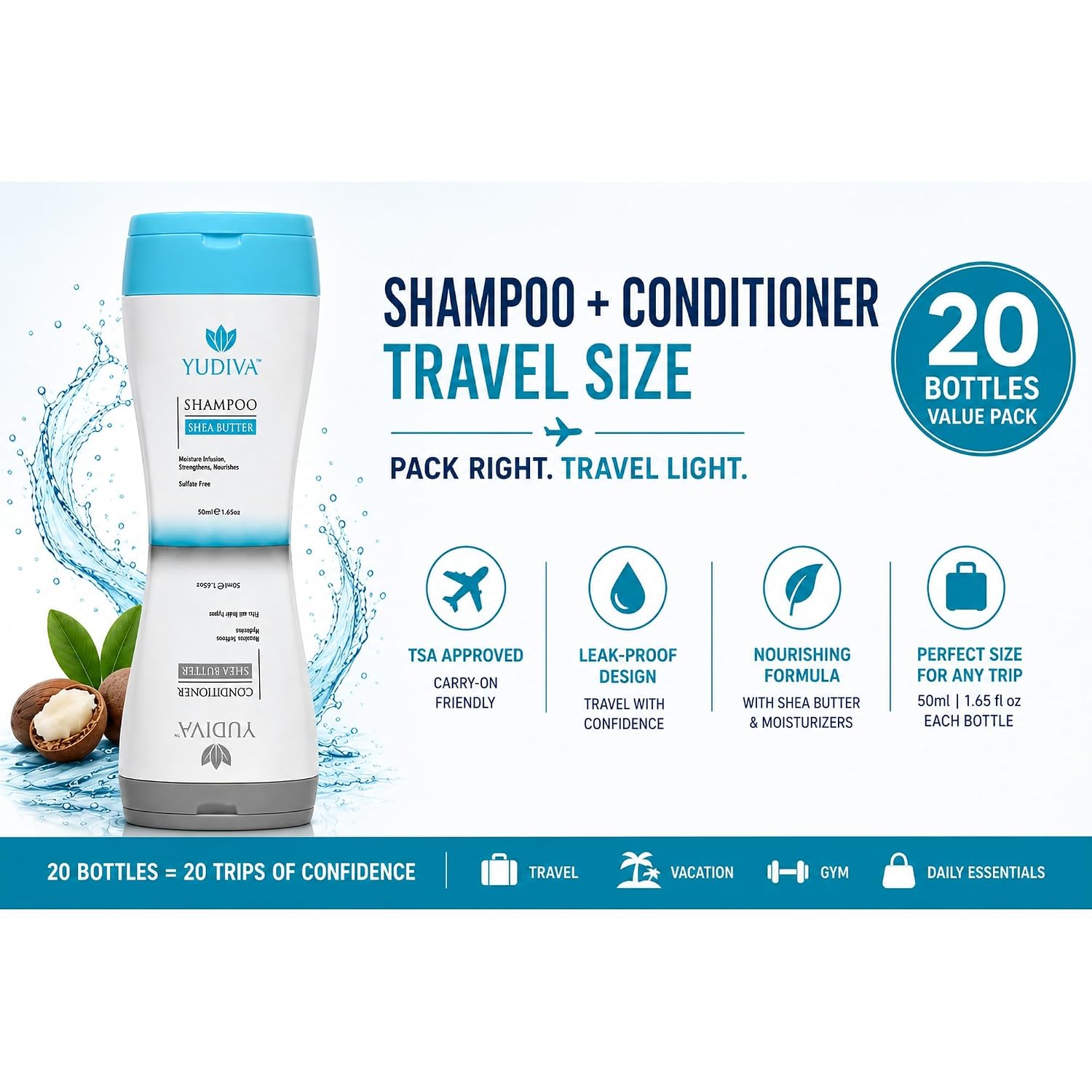 Travel Shampoo & Conditioner, Bulk 20-Pack - 2-in-1 Dual-Chamber 3.3 Fl Oz Bottles with Shea Butter - TSA-Approved Airline-Friendly Travel Size - Case of 20 for Hotels, Airbnb, Gyms & Gifts