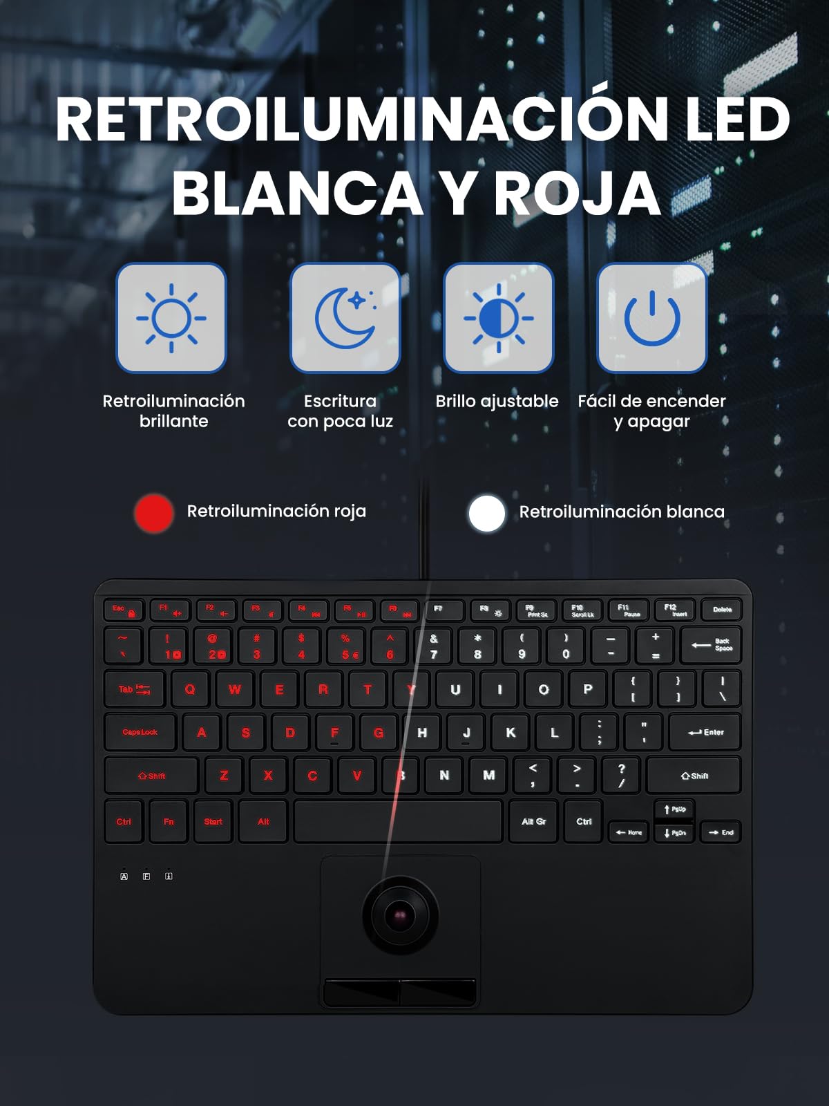 Perixx PERIBOARD-427 ES: Klawiatura USB z kablem - Zintegrowany trackball, białe/czerwone podświetlenie, kompaktowa konstrukcja - 2 porty USB i układ QWERTY hiszpański