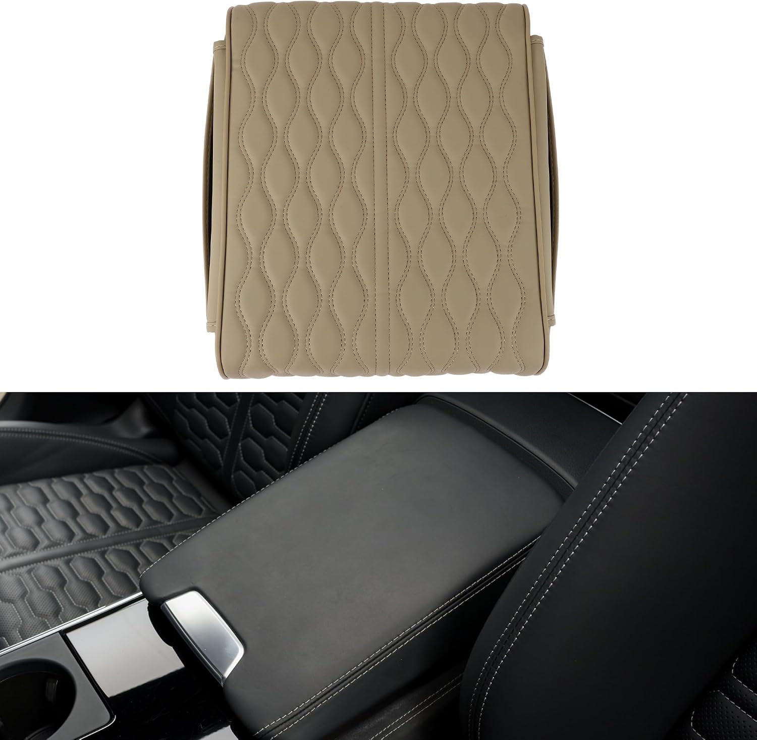 Universal Center Console Cover Car Armrest Cover with Storage Bag Middle Console Cover Lid for Most Vehicle SUV Car Sedan 1417"x11.02"x2.56" Beige Leather, Memory Foam