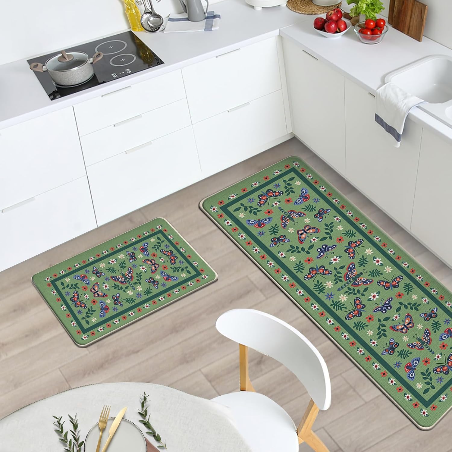Boho Butterfly Floral Kitchen Rugs Set of 2, Green Botanical Flowers Floor Mats Home Decor, Spring Summer Bohemian Plants Door Mat Decorations - 17x29 and 17x47 Inches