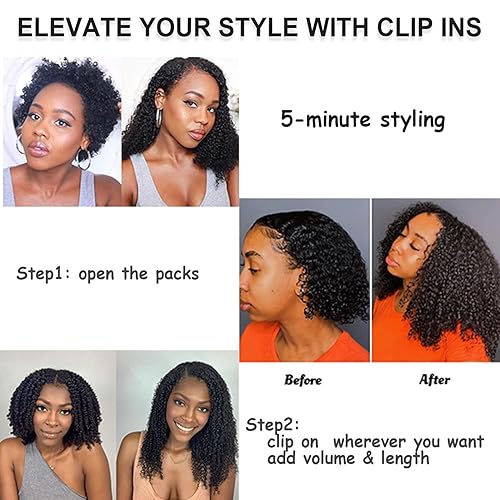 Miniatura 2 de Extensiones de pelo rizado 3C 4A afro rizado, 8A brasileño grueso, cabello natural remy con sistema de clips, para mujer, color negro 1B, 4.23 oz