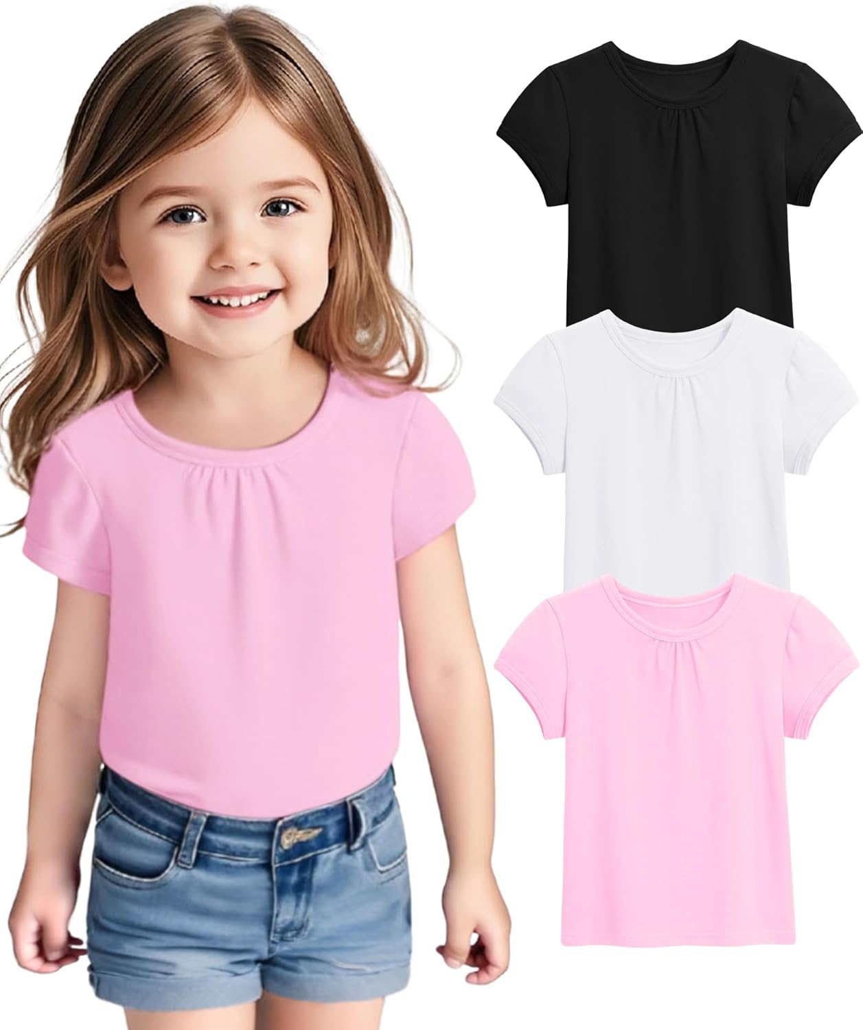 3 Pack Toddler Girls Short Sleeve Shirts Pleated Neck Cotton T-Shirts Baby Girl Summer Tee Tops Size 18M-5T