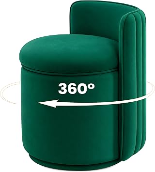 Vanity Chair with Storage, 360 Swivel Velvet Makeup Stool with Wave Backrest, Modern Round Upholstered Closet Stool, No Assembly for Bedroom, Dressing Room & Living Room, Green