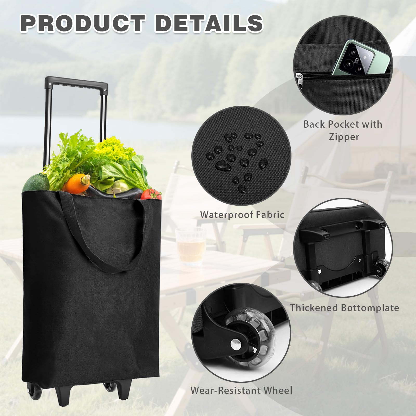 Carrello per la spesa pieghevole da 30 l, 2 in 1, grande borsa per la spesa, con 2 ruote, leggero, pieghevole, per campeggio e viaggi