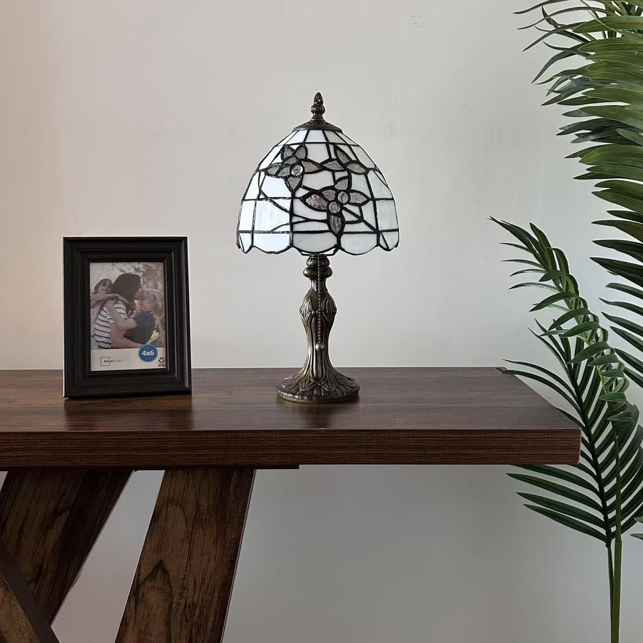 Tiffany Mini Table Lamp White Stained Glass Flowers LED Bulb Included for Bedroom Living Room 8" D*8" W*15" H