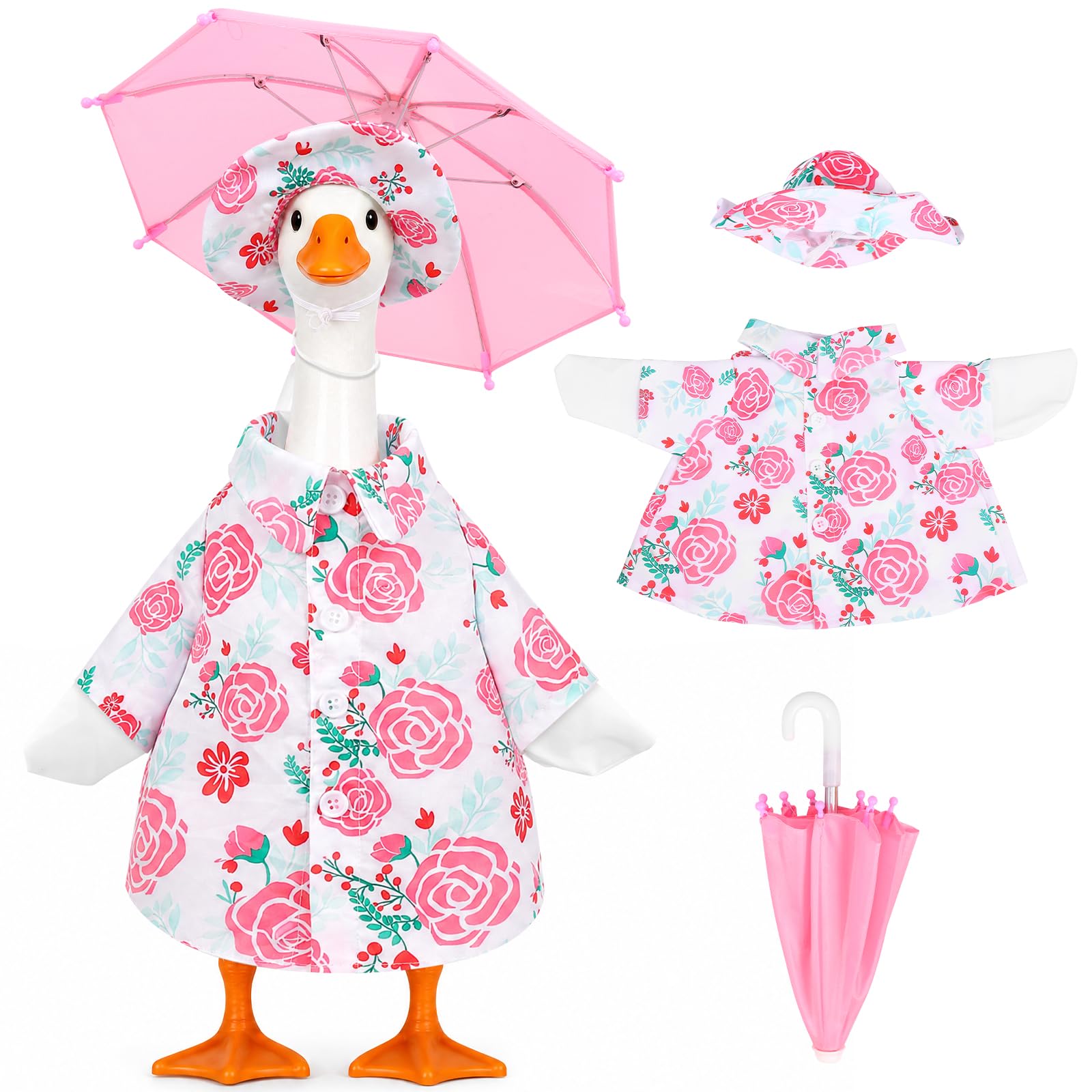 Bpyhebe Porch Goose Outfit with Hat & Umbrella, Raincoat Shirt Dress Clothes for Large Lawn Gooses Statue, Outdoor Garden Decorative Goose Costume Accessories(Pink)