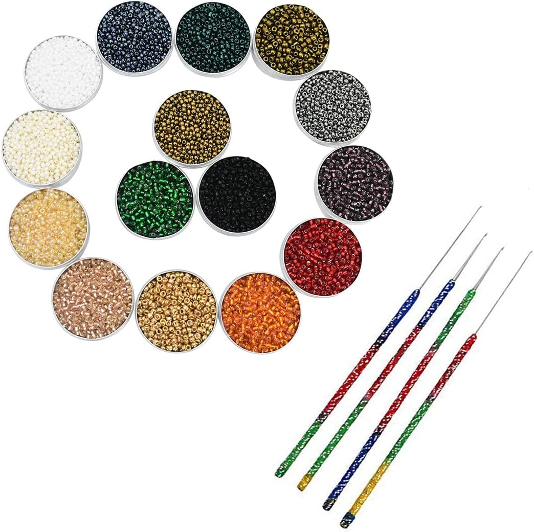 Embroiderymaterial 15 Colors Round Glass Seed Beads Mix with Festive Aari Needle Set (4 pcs) – for Aari Embroidery, Jewelry Making, Maggam Work, Beadwork, DIY Crafts, Home Décor & Festive Decoration