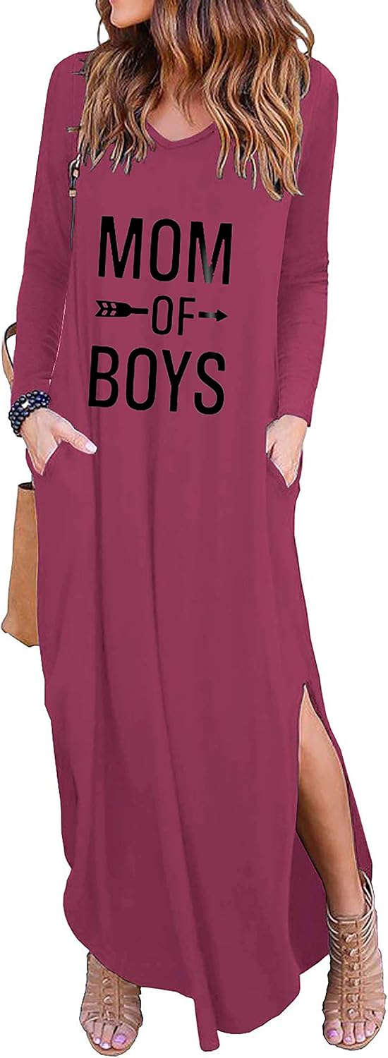 BTFBM Women Long Sleeve Loose Plain Pockets Maxi Dresses Cute Funny Graphic Letter Words Print Split Casual Long Dress