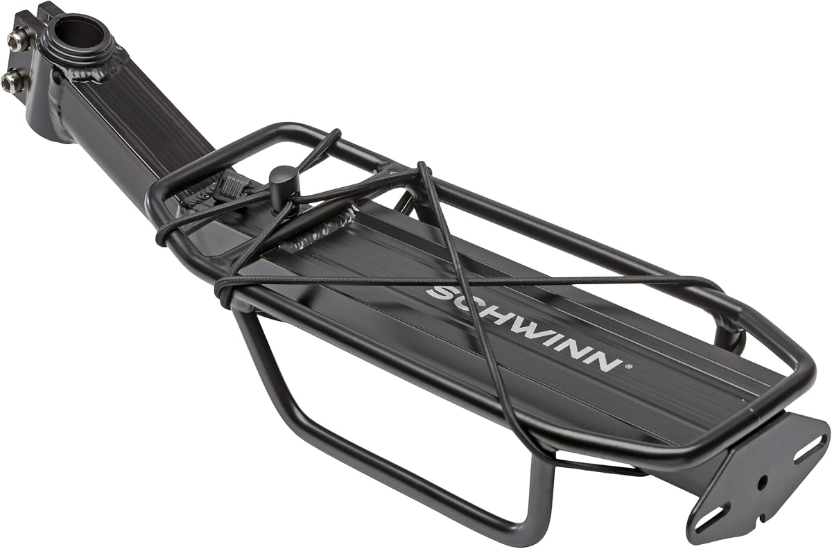 Portabicicletas trasero de aleación Schwinn Deluxe, capacidad de 20 libras, construcción liviana, compacta y duradera, se adapta a la mayoría de bicicletas para adultos, opciones de carga para mochila, equipo y más, portabicicletas para la parte trasera de la bicicleta