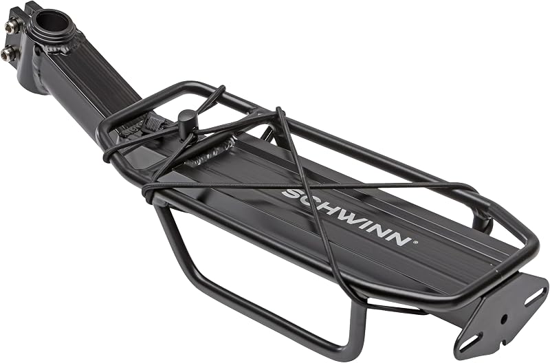 Portabicicletas trasero de aleación Schwinn Deluxe, capacidad de 20 libras, construcción liviana, compacta y duradera, se adapta a la mayoría de bicicletas para adultos, opciones de carga para mochila, equipo y más, portabicicletas para la parte trasera de la bicicleta