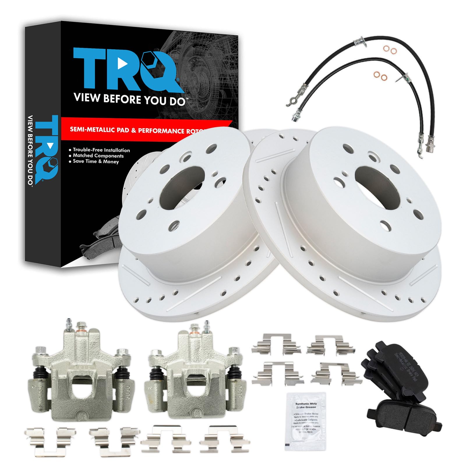 TRQ Performance Rear Brake Pad and Rotor Set Semi Metallic Slotted Drilled Calipers Compatible with 2006-2007 Toyota Avalon 2006-2008 Solara