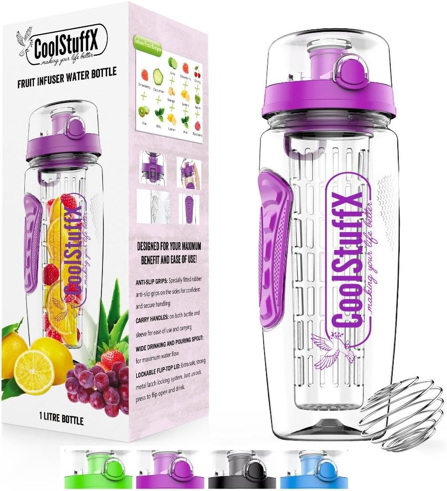 Coolstuffx 3-in-1 Fruit Infuser 1 Litre water bottle + protein shaker. Motivational time-guide, BPA-Free, FREE Washing brush