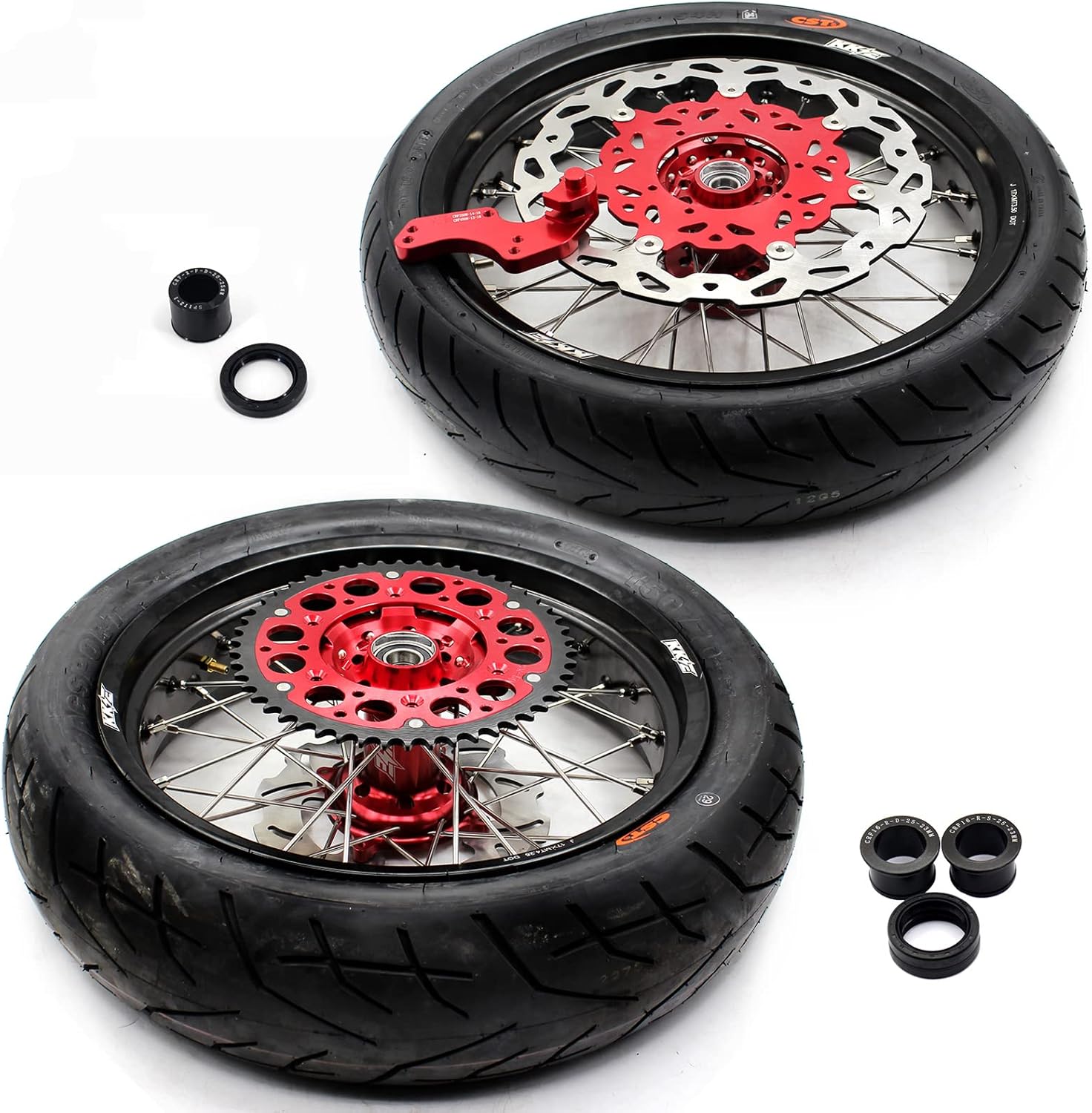 KKE 3.5/4.25 * 17" Supermoto Wheels Rim With Tires Compatible with HONDA CRF250R 2014-2026 CRF450R 2013-2026 CRF250RX CRF450RX 2020-2026 Red Hub