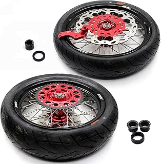 KKE 3.5/4.25 * 17" Supermoto Wheels Rim With Tires Compatible with HONDA CRF250R 2014-2026 CRF450R 2013-2026 CRF250RX CRF450RX 2020-2026 Red Hub