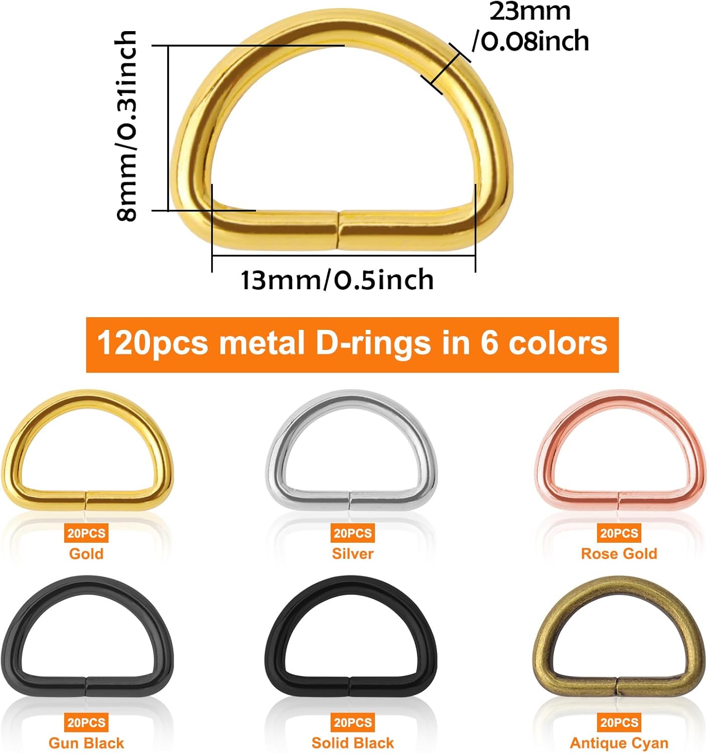 120pcs Metal D Rings 1/2" D Ring Metal Purse Straps Buckle Small Dog Collars Hardware Dee Rings Semi-Circular D Ring D-Shape Buckle Clips for Hardware Bags Ring Hand DIY Accessories(6 Colors) - Image 2