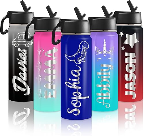 YesCustom Botella de agua personalizada para niños con tapa de pajilla, botella de agua deportiva de acero inoxidable personalizada con nombre o