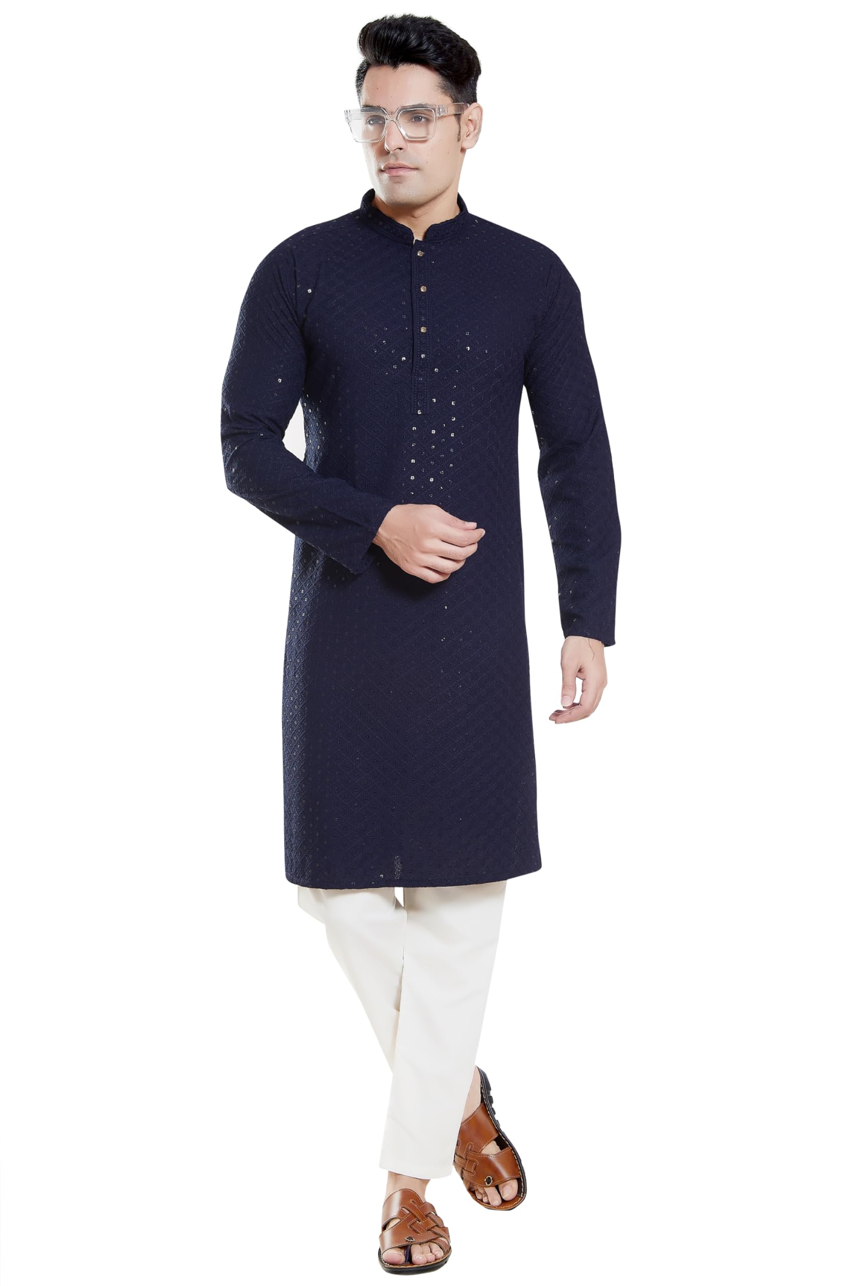 Divisive Men's Sequince Embroidered Cotton Blend Only Slim Fit Kurta (Dkrt133_Xl_Navy Blue)