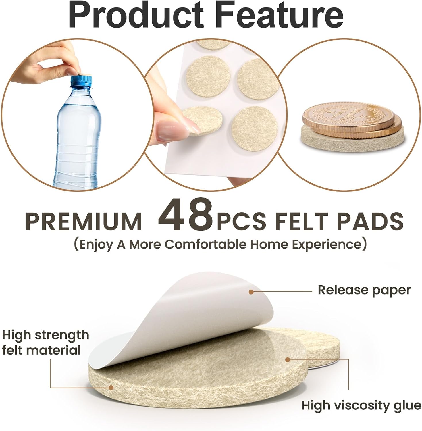 48 PCS Felt Furniture Pads, YOESSA Chair Leg Floor Protectors, Furniture Sliders for Hardwood Floors, Cabinet Bumpers, Anti Scratch, Reduce Noise(Beige)