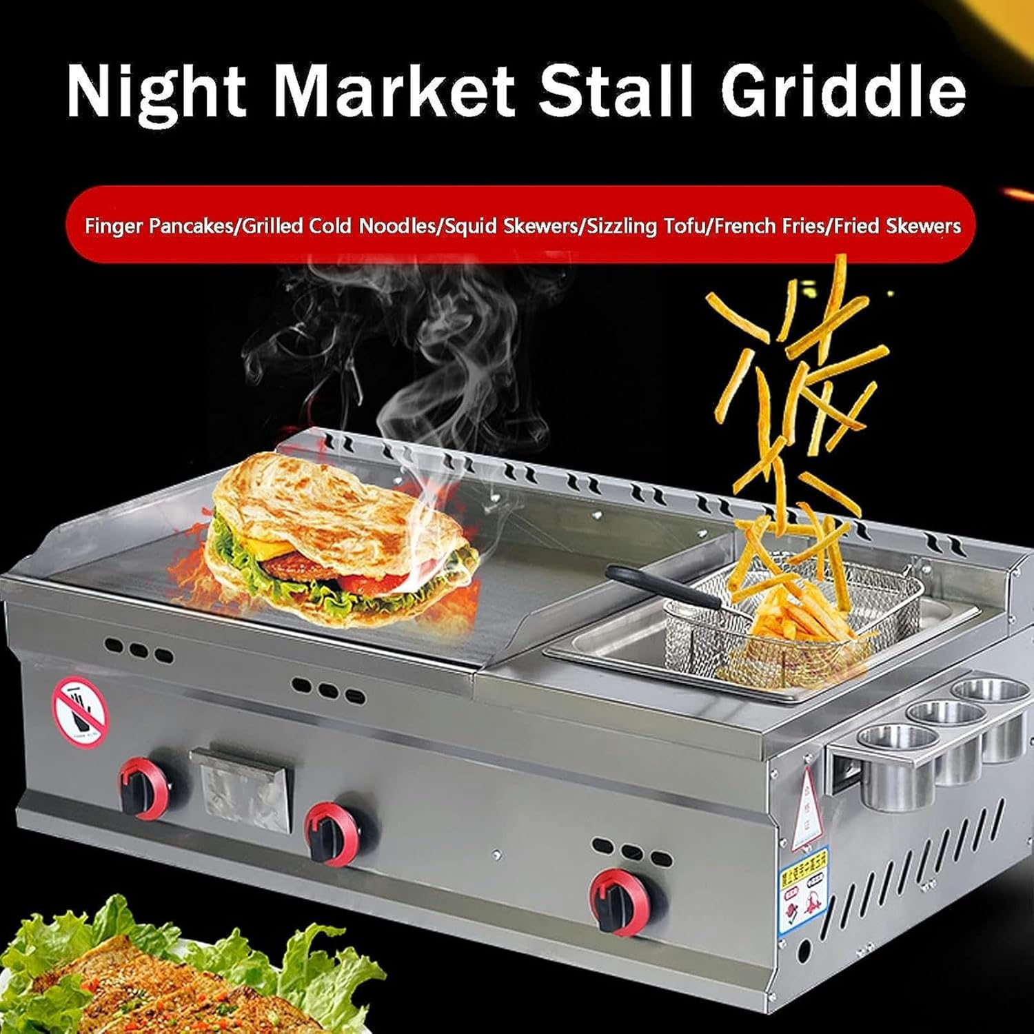 Commercial Countertop Gas Griddle, Restaurant Stainless Steel Teppanyaki with Adjustable Temperature, Kitchen LPG Gas Grill for Outdoor Catering