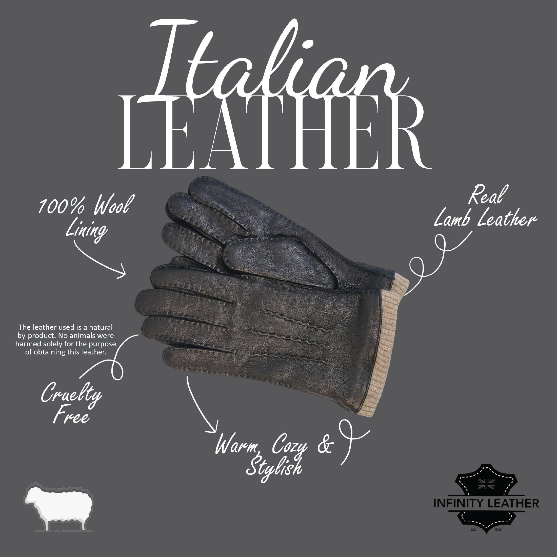Infinity Leather Guantes de Invierno de Piel Italiana Hombre: Forro de Lana Cálido, Compatibles con Pantallas Táctiles, Resistentes al Agua, Para Conducir y Montar a Caballo.