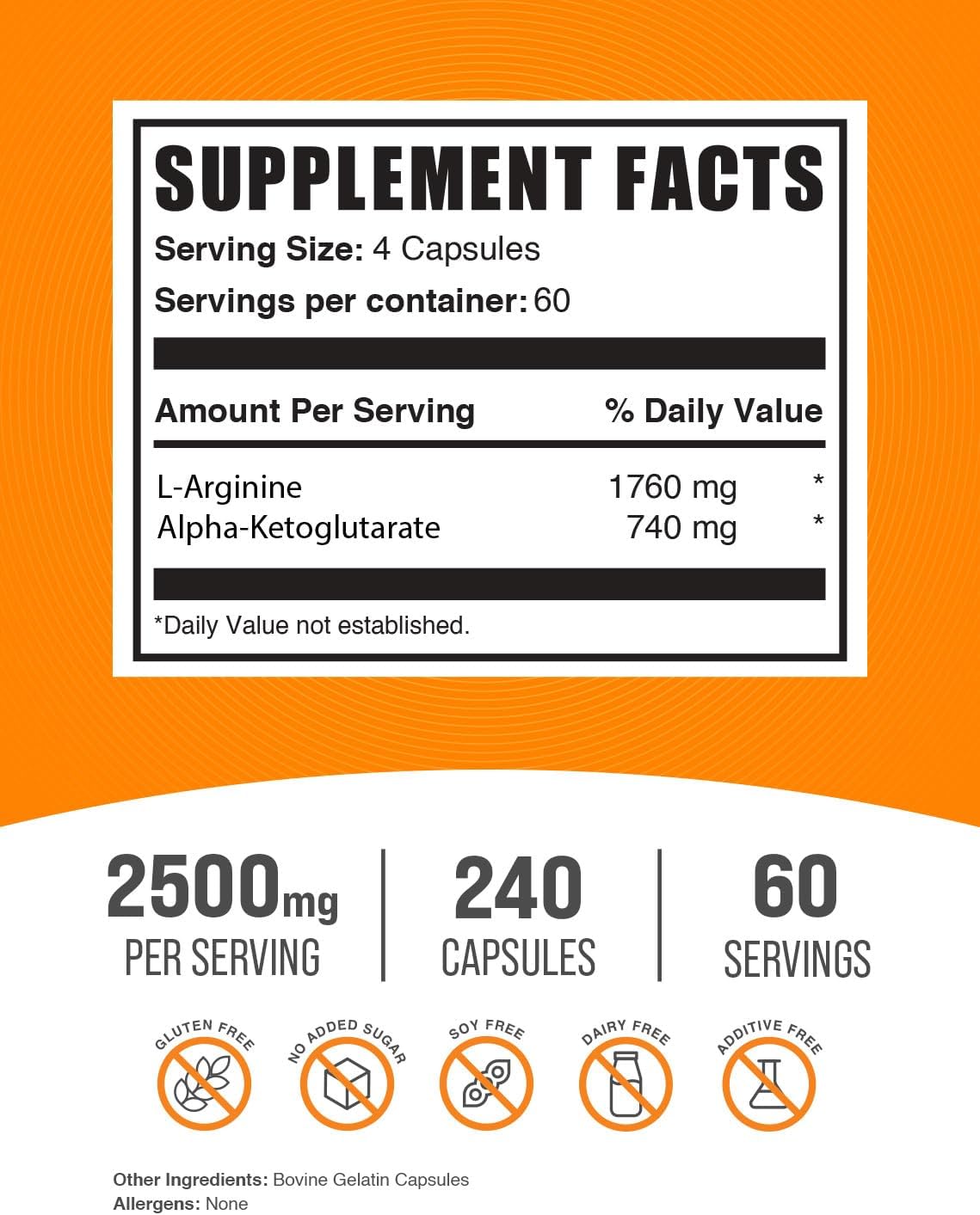 BulkSupplements.com AAKG Capsules - L-Arginine Supplement, Nitric Oxide Supplement - Gluten Free, 4 Capsules per Serving, 240 Count (Pack of 1) - Image 2