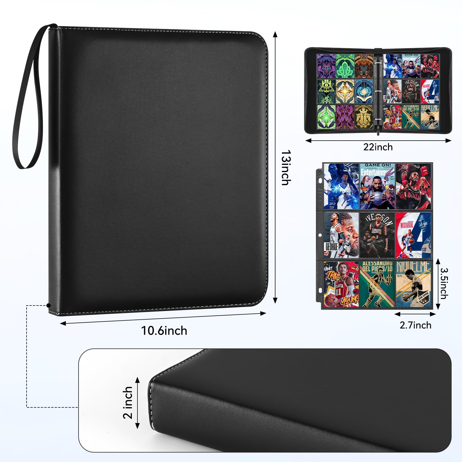 9 Pocket Card Binder, 900 Double Sided Pockets, PU Collection Binder for MTG, TCG, Sports Cards, Black (Black)