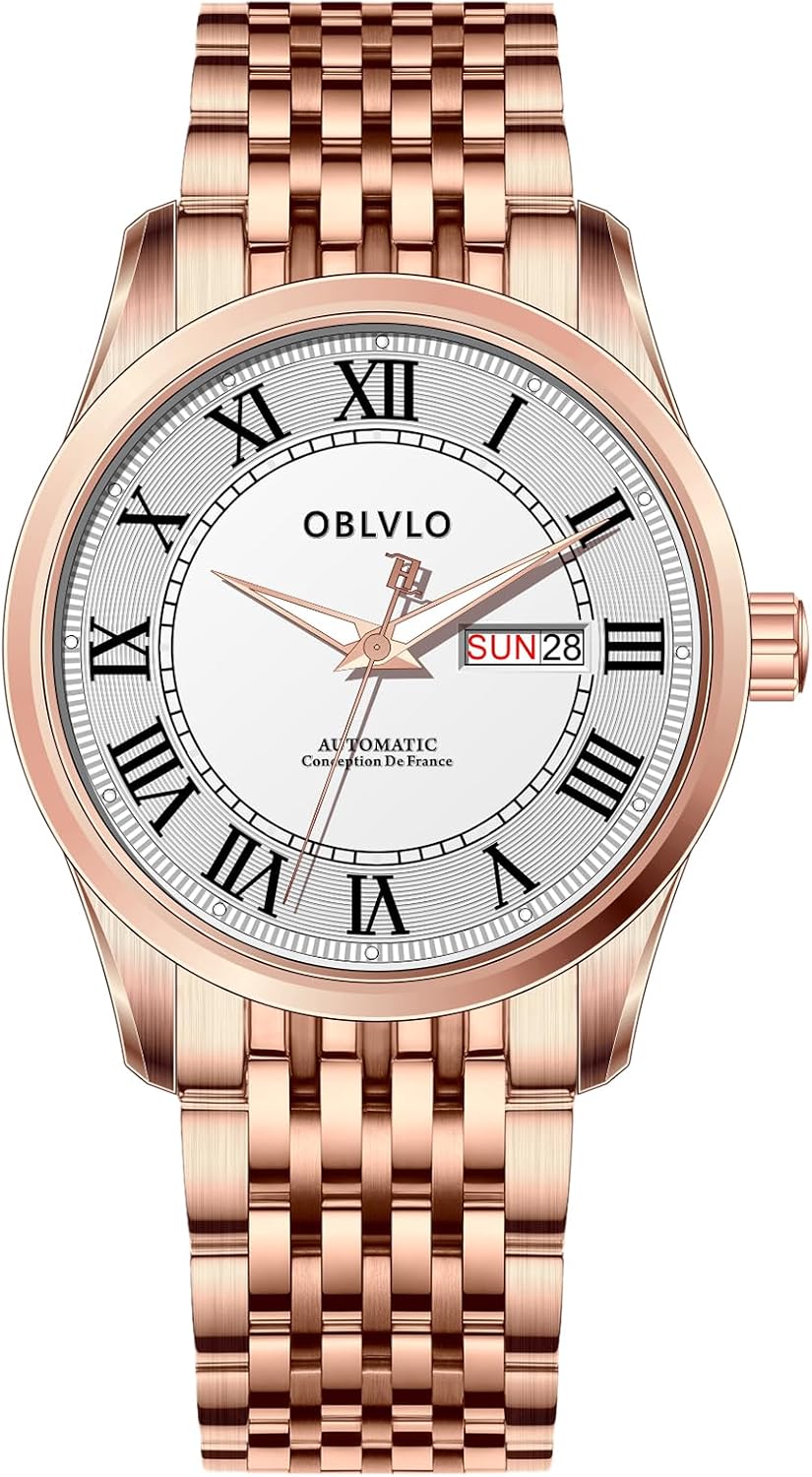 OBLVLO Orologio da polso da uomo, con numeri romani, automatico, automatico, con cinturino in pelle di vitello super luminoso, stile casual, GC-SIM, GC-SIM-PWP, moderno