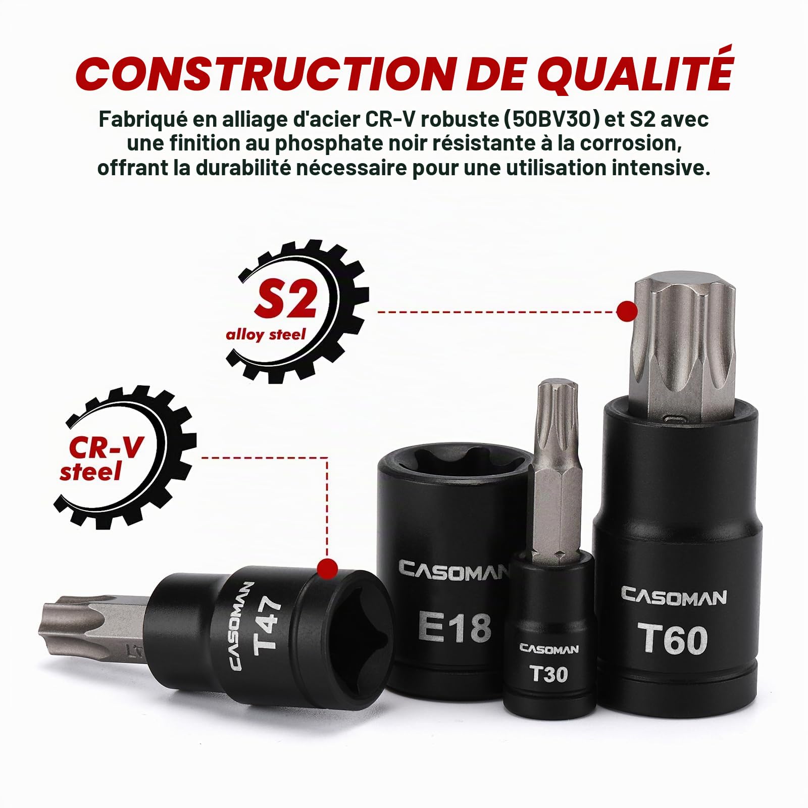 CASOMAN Jeu de 32 Torx et douilles externes femelles, 14 embouts étoile (T8 - T70) et 13 E-Torx femelles (E4-E24) - Avec 5 adaptateurs